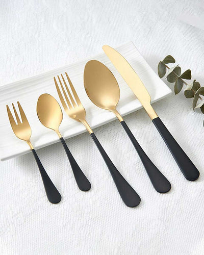 Flatware dinner set with 2 spoons 2 forks and 1 knife in gold and black