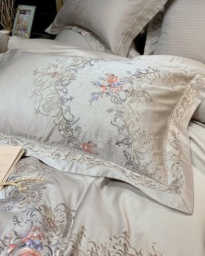 Versailles Bedding in shiny grey silver presented in detail showing ornaments and embroidery
